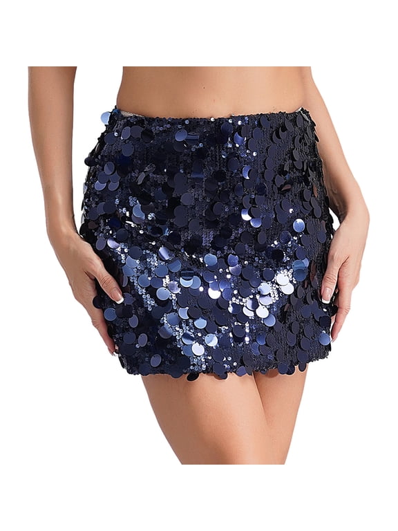 Womens Sparkle Sequin Mini Skirt Sexy Bodycon Mini Skirt Clubwear Navy Blue S