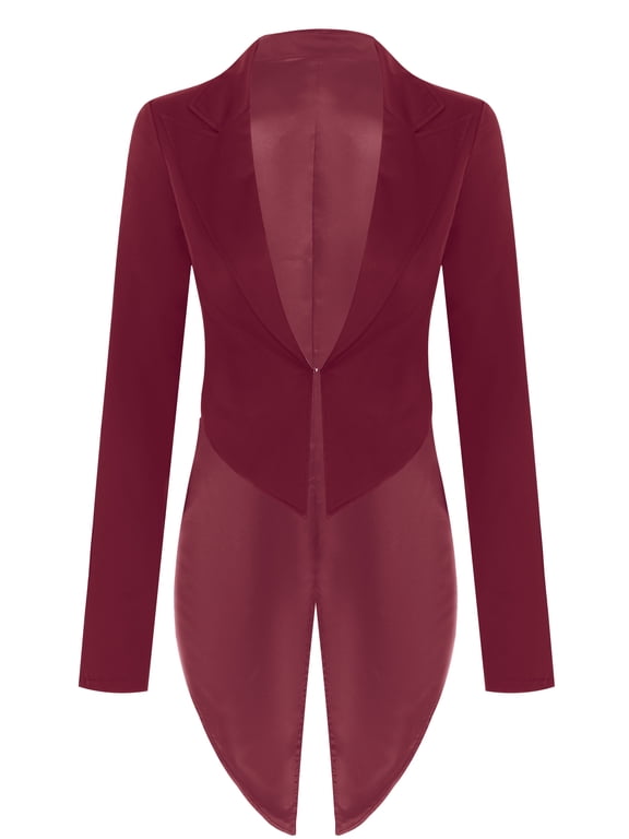 Womens Vintage Tuxedo Lapel Long Sleeve Tailcoat Swallowtail Suit Jacket Weddings Tux Dress Coat Dark Red S