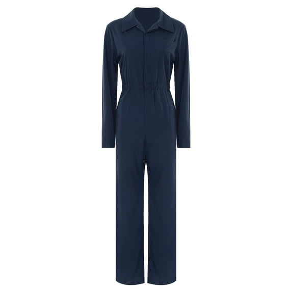 Yartina Work Coveralls for Women Long Sleeve Button Down Jumpsuit Rompers Mechanic Work Jumpsuit Navy Blue M