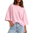 thumbnail image 1 of Yaruuzi 3/4 Length Sleeve Womens Tops Raglan Sleeve Tops Pleated Shirts Fall Tops Light Weight Tops Crewneck T Shirts Plus Size Women Blouses Round Neck Tunic Solid Color Shirts Pink L, 1 of 8