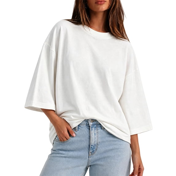 Yaruuzi 3/4 Length Sleeve Womens Tops Round Neck Tunic Athletic Tops Light Weight Tops Petite Tops for Women Oversized Blouses Half Sleeve Tops Solid Color Shirts Layering Tops White XL