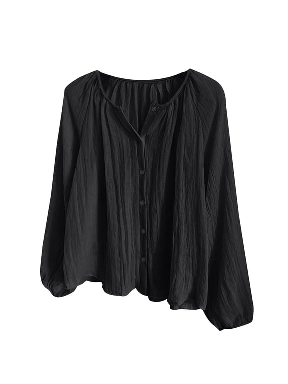 Cotton Linen Sun Shirts for Women Thin Balloon Long Sleeve Uv Protection Shirts for Women Solid Color Tops Workout Tops Lightweight Linen Blouses Long Sleeve Sun Shirt Women Black L