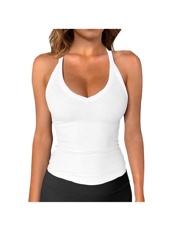 Deep V Tank Tops for Women Summer Tops for Women Slimming Tops Tank Tops for Women Trendy Under Shirts for Women Racerback Tank Tops for Women Long Tank Tops Seamless Camisole White M