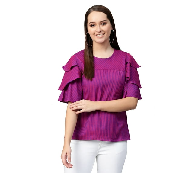 Yash Gallery Women Viscose Rayon Stripe Print Straight Top Round Coller and Layered Sleeves (Purple)
