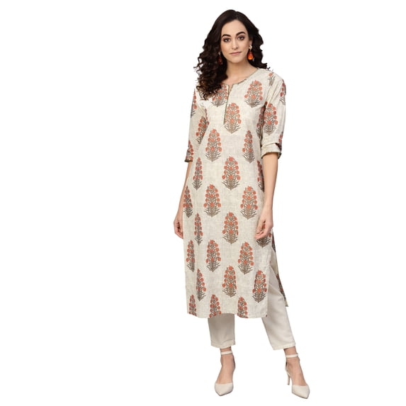 Yash Gallery Women's Cambric Cotton Floral Print Straight Kurta (Beige)