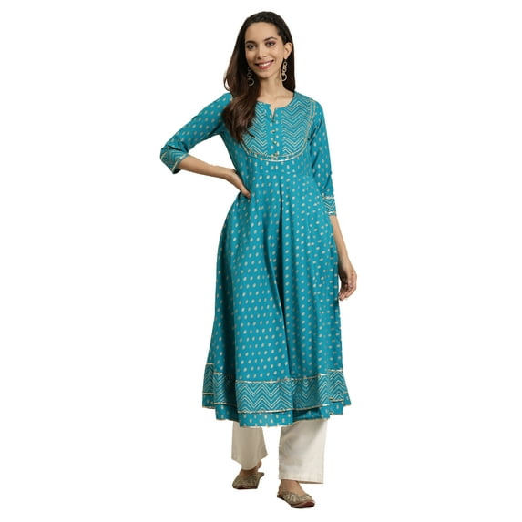 Yash Gallery Women's Cotton Blend Floral Print Daily Wear Anarkali Kurta (Blue,4XL)