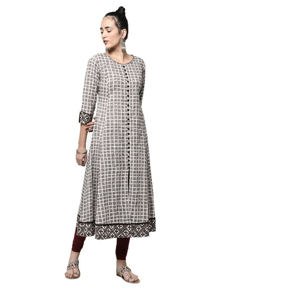 Yash Gallery Women's Cotton Checks Print Anarkali Kurta (Brown)
