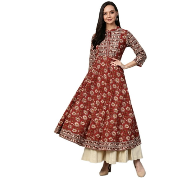 Yash Gallery Women's Cotton Floral Print Anarkali Kurta (Maroon)