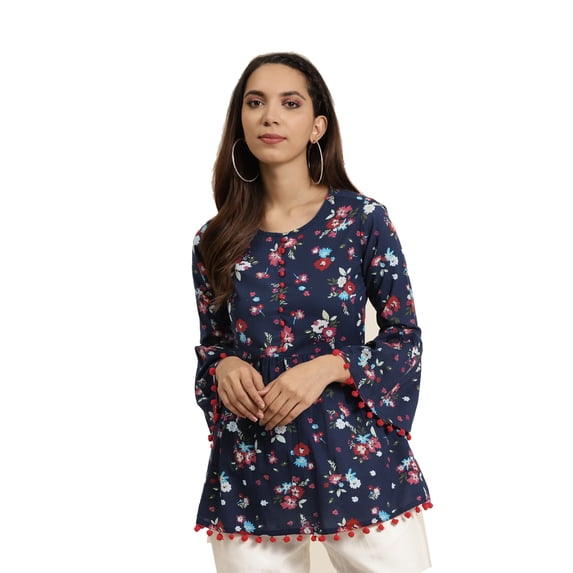 Yash Gallery Women's Cotton Floral Print Straight Top (Blue)