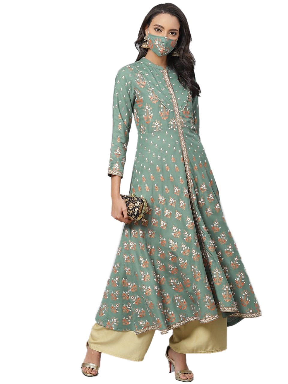 Get Green Gold Printed Anarkali Kurti With Belt And Narrow Pant Paired With  Dupatta at ₹ 2599 | LBB Shop
