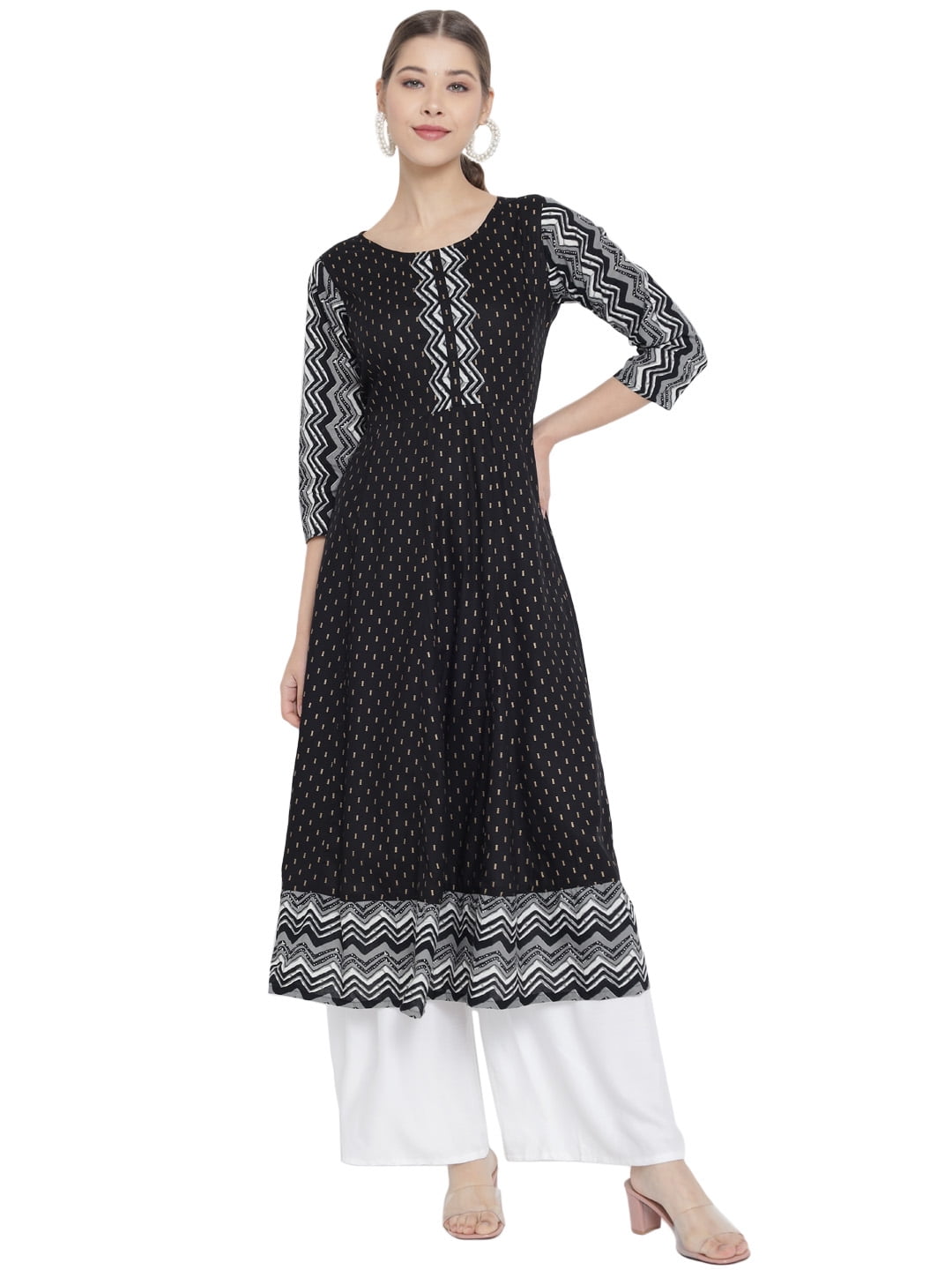 Yash Gallery Women's Rayon Anarkali Kurta - Geometric Print, 48 Inch Long, 3/4 Sleeve