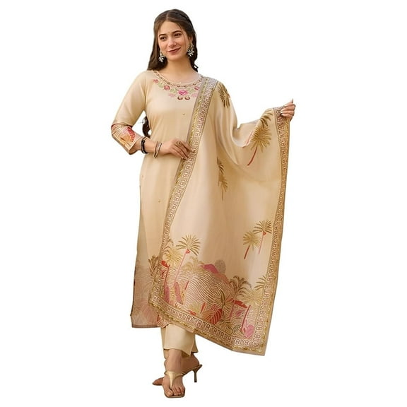 Yashika Women's Beige Viscose Assam Silk Fabric Straight Printed Kurta, Pant and Dupatta Set | Kurta Set for Women - Indian Ethnic Traditional Wear Kurta Set