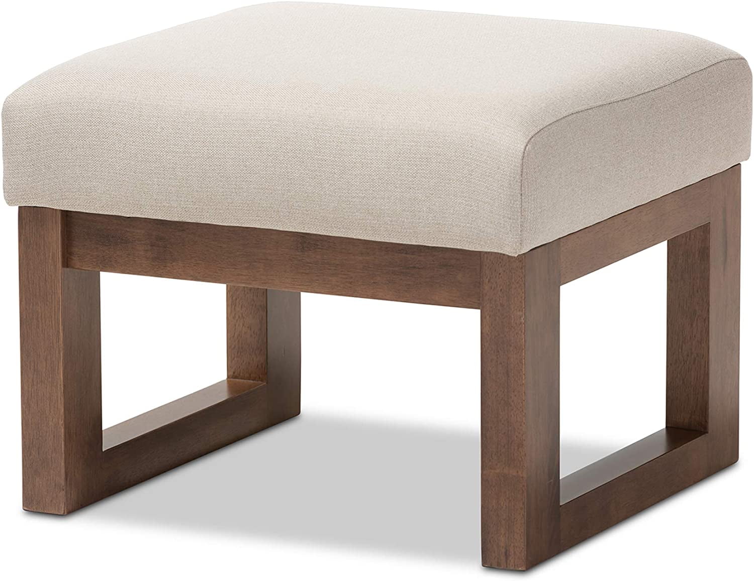 Yashiya Light Beige Fabric Upholstered Ottoman Stool with Walnut Wood Base