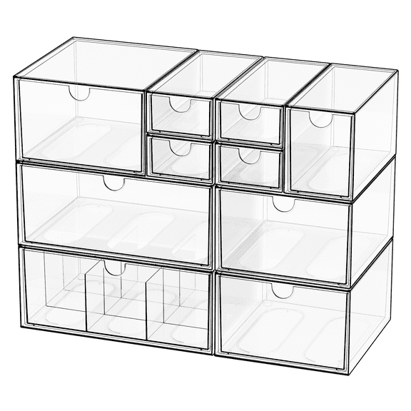 Yashong 10 Drawers Stackable Desk Storage Organizer for Desktop, Office, DIY Craft and Make Up, Clear