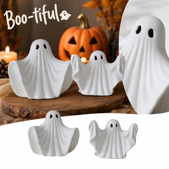 Yashow 2 Pcs Halloween Ghost Decor, Ceramic Look Spooky Ornaments, Halloween Table Decorations for Tiered Tray Shelf, Cute Ghost Statues Home Decor, White, 6.3 inch