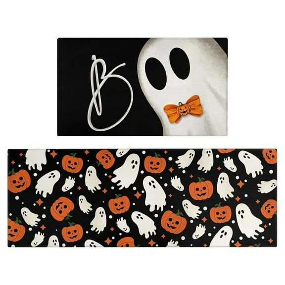 Yashow Black Halloween Ghost Polka Dot Polyester Kitchen Rug, 2-Piece Set