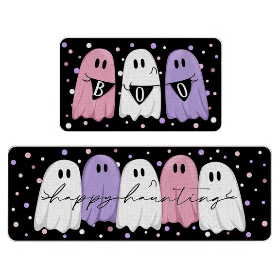 Yashow Black Halloween Ghost Polka Dot Polyester Kitchen Rug, 2-piece set