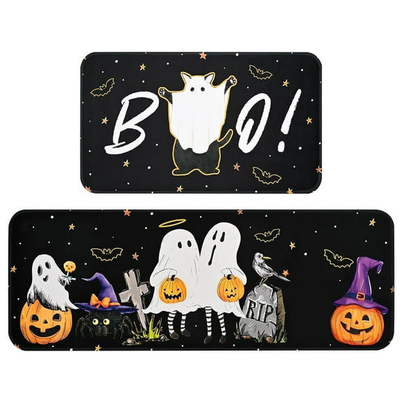 Yashow Black Halloween Ghost Polka Dot Polyester Kitchen Rug, 2-piece set