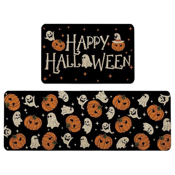 Yashow Black Halloween Ghost Polka Dot Polyester Kitchen Rug Set, 2-piece