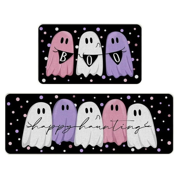 Yashow Black Halloween Ghosts Polka Dot Polyester Kitchen Rug Set, 2-piece