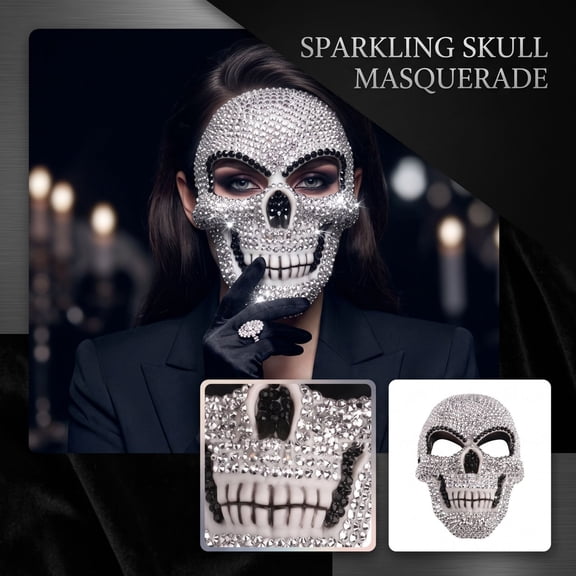 Yashow Elite 1Pc Rhinestone Skull Mask 9.64x6.49 Inch, Sparkling Halloween Horror Mask for Masquerade Ball, Bling Face Costume Accessories for Cosplay Party, Silver