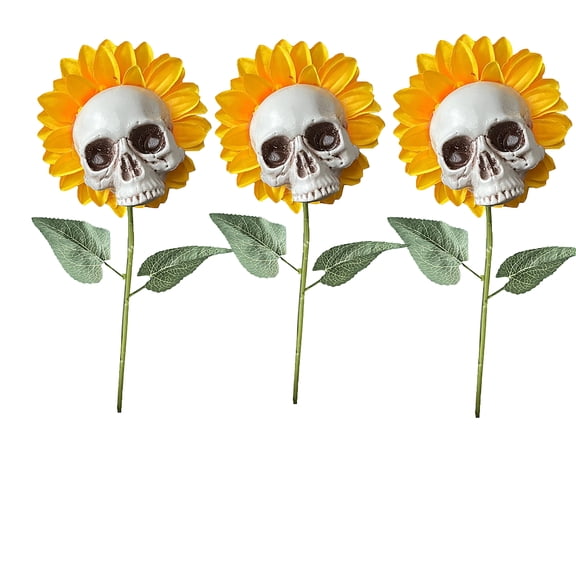 Yashow Elite 3 Pcs Halloween Sunflower Skull Tabletop Decorations, Artificial Floral Skeleton Head Centerpiece for Desk and Party, Gothic Home Room Decor, 18.1 inch