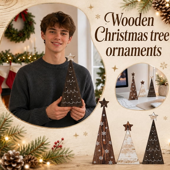 Yashow Elite 3 Pcs Wooden Christmas Tree Tabletop Decor, Rustic Wood Block Signs Centerpiece with Star Topper for Mantel Shelf Tiered Tray, Holiday Display, 7.28 inch