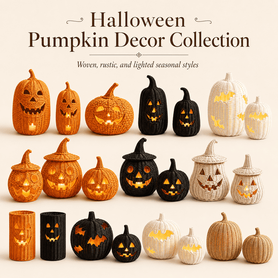 Yashow Elite Faux Woven Pumpkin Resin Ornament, Lighted Look Halloween Pumpkin Decor, No Battery Needed Fall Tabletop Decoration for Mantel Shelf Entryway