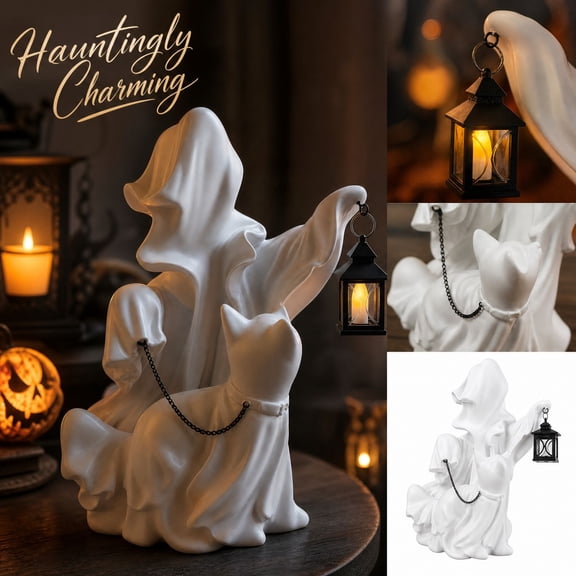 Yashow Elite Halloween Ghost Figurine with Lantern and Walking Cat, 9.84 x 8.66 x 7.08 inch Resin as Show Design, for Home Office Porch Party Tables and Seasonal Gift Giving