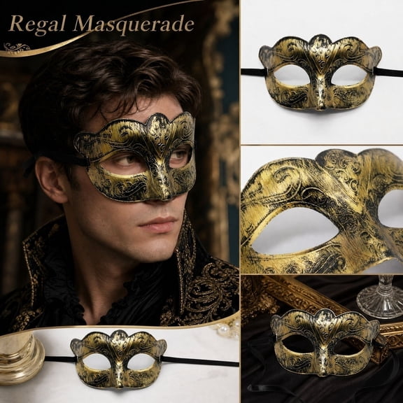 Yashow Elite Men's Masquerade Mask 7.09x3.54 inch, Antique Vintage Gold Half Face Mask, Roman Greek Style Party Costume Accessory for Halloween, Cosplay and Prom