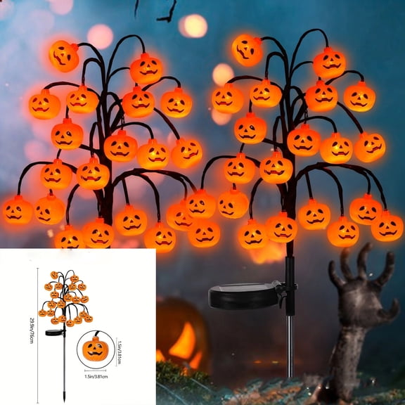 Yashow Elite Orange PVC and ABS Solar Pumpkin Branch Lights with Waterproof Warm LED for Outdoor Halloween Garden and Pathway Decor, 28 inch, 2-pack