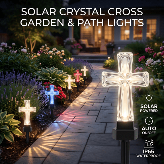 Yashow Elite Solar Powered Cross Stake Light 19.09 inch, Outdoor Decorative Garden Lamp, Waterproof Plastic Ground Light for Cemetery Memorial Yard Pathway Decor