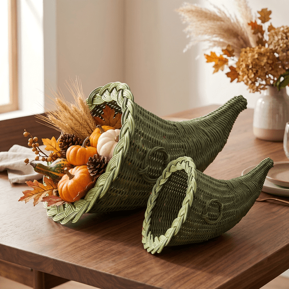 Yashow Green Natural Rattan Woven Storage Baskets Decorative Horn Shaped Bins for Desktop Clutter Organization Magazine Holder and Festive Christmas Room Decor, 2-Pack
