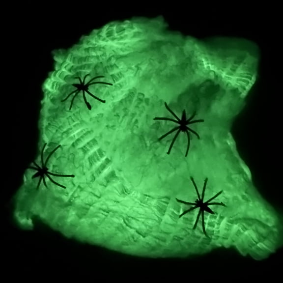 Yashow Luminous Green Artificial Cotton Glow in the Dark Spider Web Stretchable Fake Cobwebs with Four Spiders for Halloween Haunted House Decorations, 5-piece