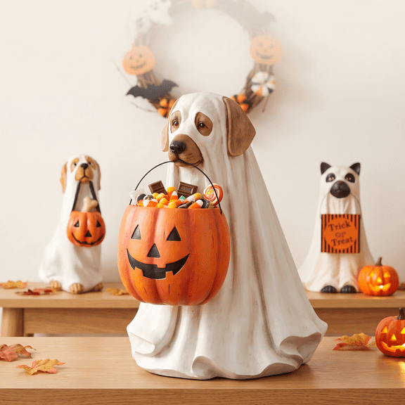 Yashow Orange Dog Resin Pumpkin Candy Bowl Halloween Decorative Snack Stand Holder for Home Doorway Porch Party Favor Storage, 10 inch, 1-pack