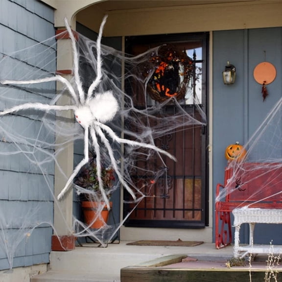Yashow White Plush Fake Spider with Realistic Red Eyes and Flexible Poseable Metal Legs for Halloween Outdoor Yard Haunted House Decoration, 20 inch, 1-Pack