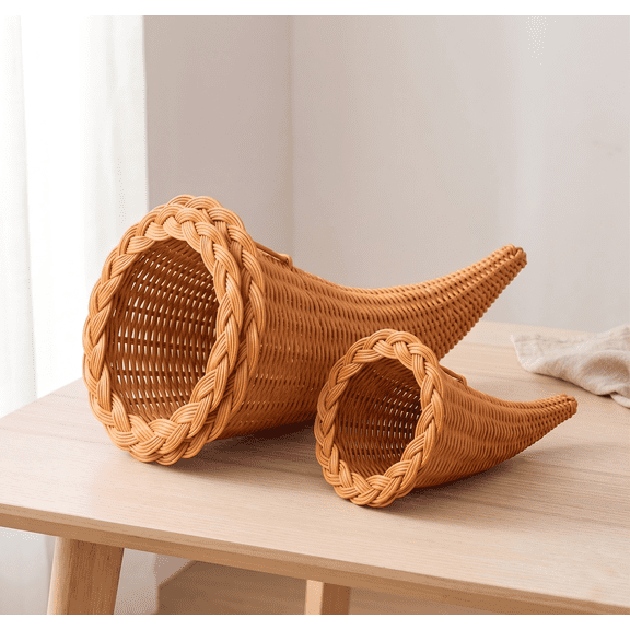 Yashow Yellow Natural Rattan Woven Storage Baskets Decorative Horn Shaped Bins for Desktop Clutter Organization Magazine Holder and Festive Christmas Room Decor, 2-Pack