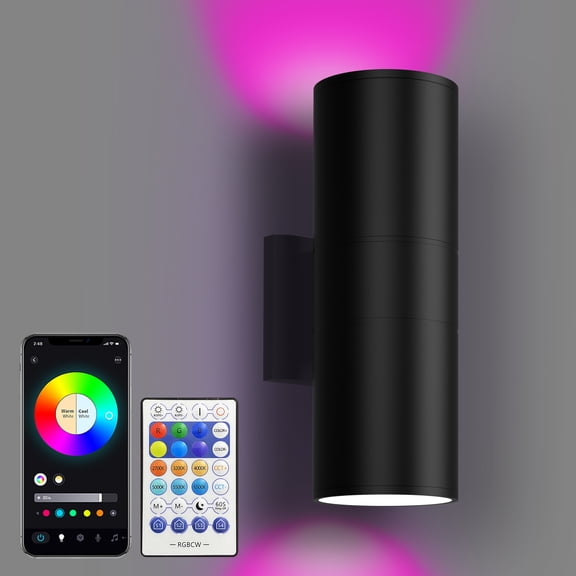 Yasotek Smart Outdoor Wall Sconce RGBCW, WiFi App + RF Remote, Up & Down Color Changing Light, 2700K-6500K Tunable White, IP65 Waterproof, Music Sync, AC120V
