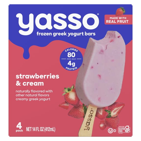 Yasso Greek Yogurt Ice Cream 4 Bars Strawberries and Cream 3.5fl oz, Cardboard Box Frozen