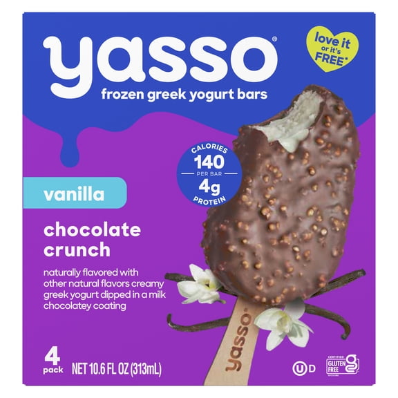Yasso Frozen Vanilla Chocolate Crunch Greek Yogurt Bars, Kosher, Gluten-Free 4 Count