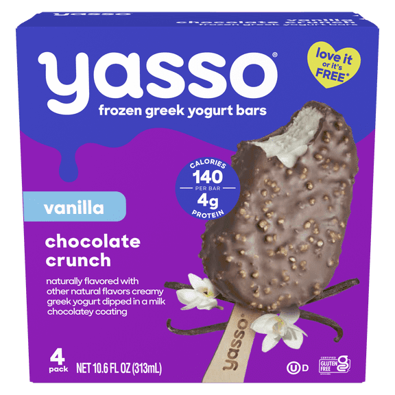 Yasso Frozen Vanilla Chocolate Crunch Greek Yogurt Bars, Kosher, Gluten-Free 4 Count