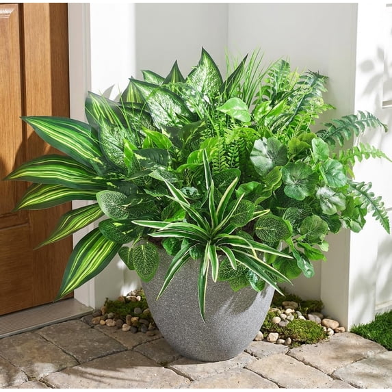 Yastouay 10Pcs Fake Plants,Realistic Artificial Greenery for Outdoors,UV Resistant Artificial Ferns for Outdoors Front Porch Decor