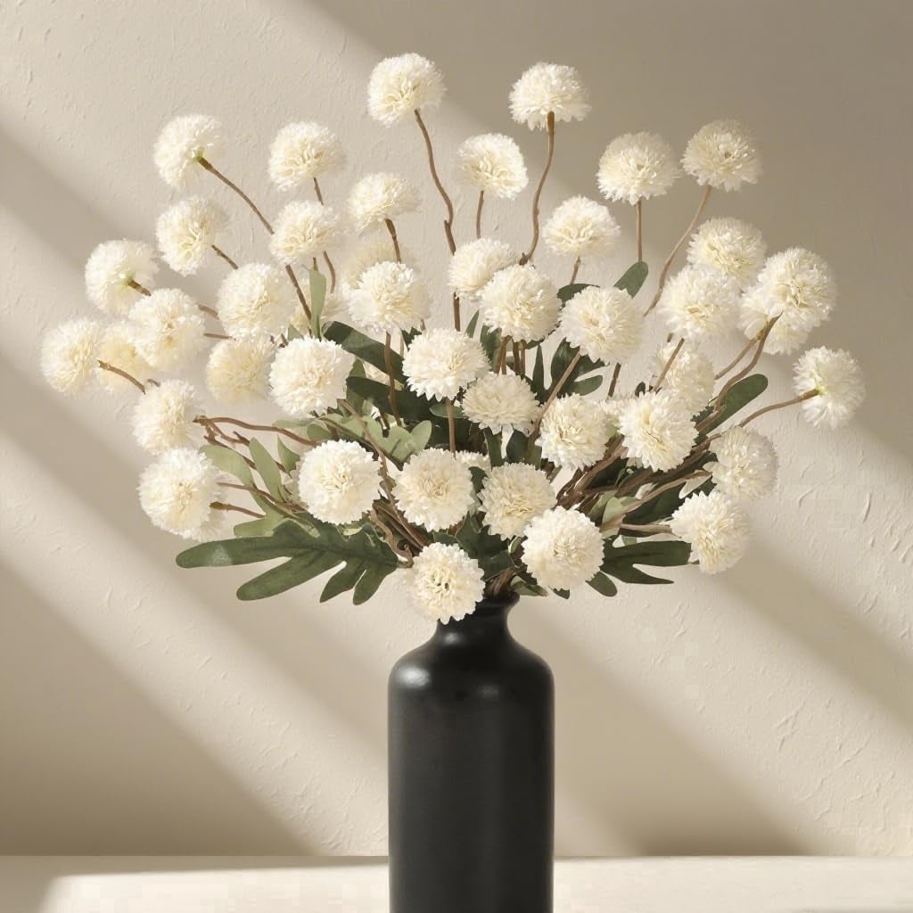Yastouay 12Pcs Fake Chrysanthemum Flowers,21in Faux Kiku Flowers Silk Pompon Mums for Home Table Wedding Arrangements,White