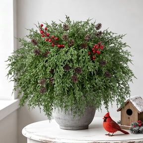 Yastouay 18pcs Christmas Artificial Pine Branches, Fake Cedar Stems with Pine Cones and Red Berries for Vases DIY Garland Xmas Decor