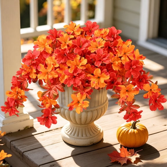 Yastouay 2 pcs Fall Flowers for Outdoors, UV Resistant Fake Mums Artificial Flowers for Planter Garden Porch Patio Fall Decor(Yellow,Orange)