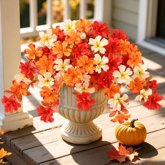 Yastouay 2 pcs Fall Flowers for Outdoors, UV Resistant Fake Mums Artificial Flowers for Planter Garden Porch Patio Fall Decor(Yellow,Orange,White)