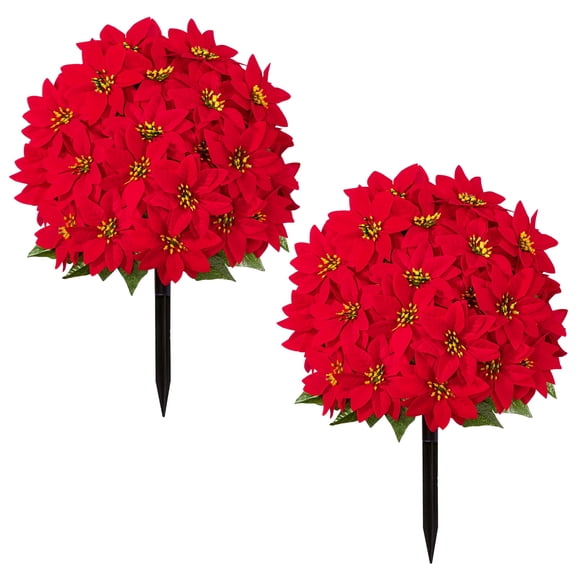 Yastouay 2 Pack Artificial Poinsettia Flower Topiary, 24" Christmas Faux Poinsettia Bush with Ground Spikes for Outdoor Garden Cemetery Decor