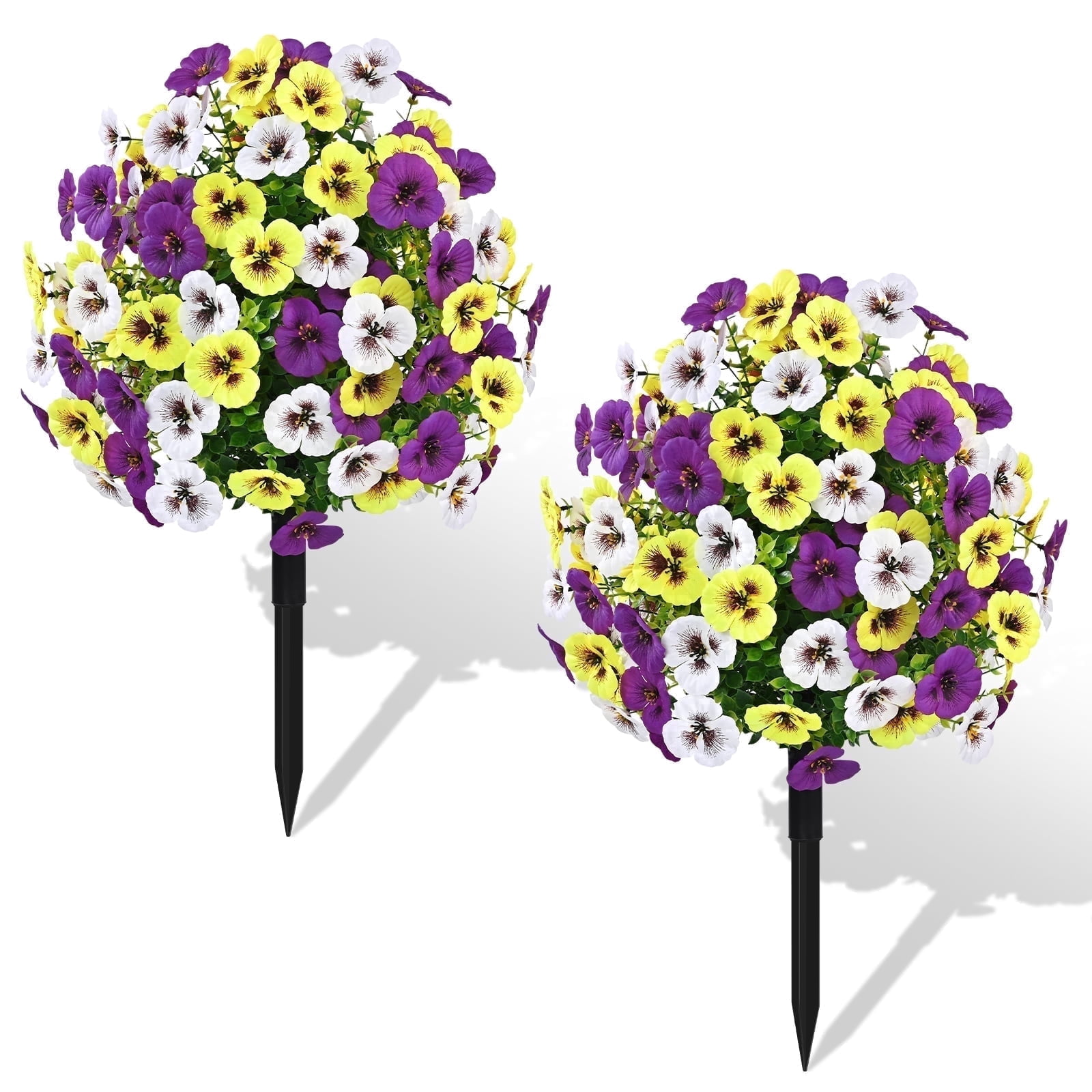 Yastouay 2 Pack Pansies Artificial Flower Topiary, UV Resistant Artificial shrub Bushes for outdoors Garden Porch Decor