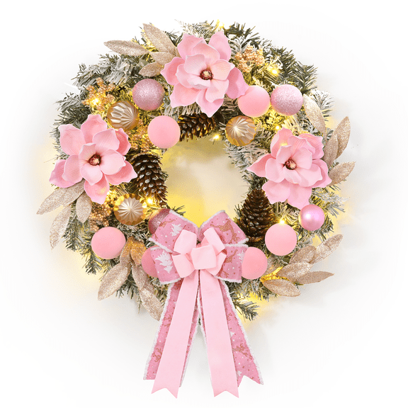 Yastouay 24 inch Pre-Lit Christmas Wreaths for Front Door, Pink Christmas Norfolk Pine Wreath with Bow and Ornaments for Indoor Outdoor Wall Windows Christmas Home Decor