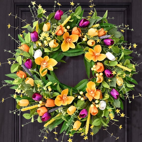 Yastouay 24 inch Spring Wreaths for Front Door, Artificial Tulip Summer Door Wreath for Farmhouse Home Porch Decor